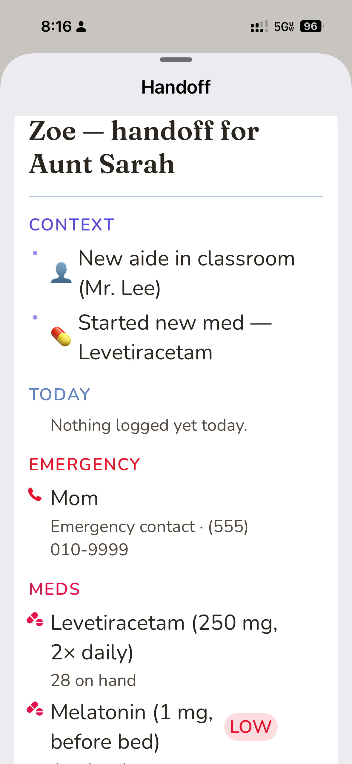 Handoff — sitter brief