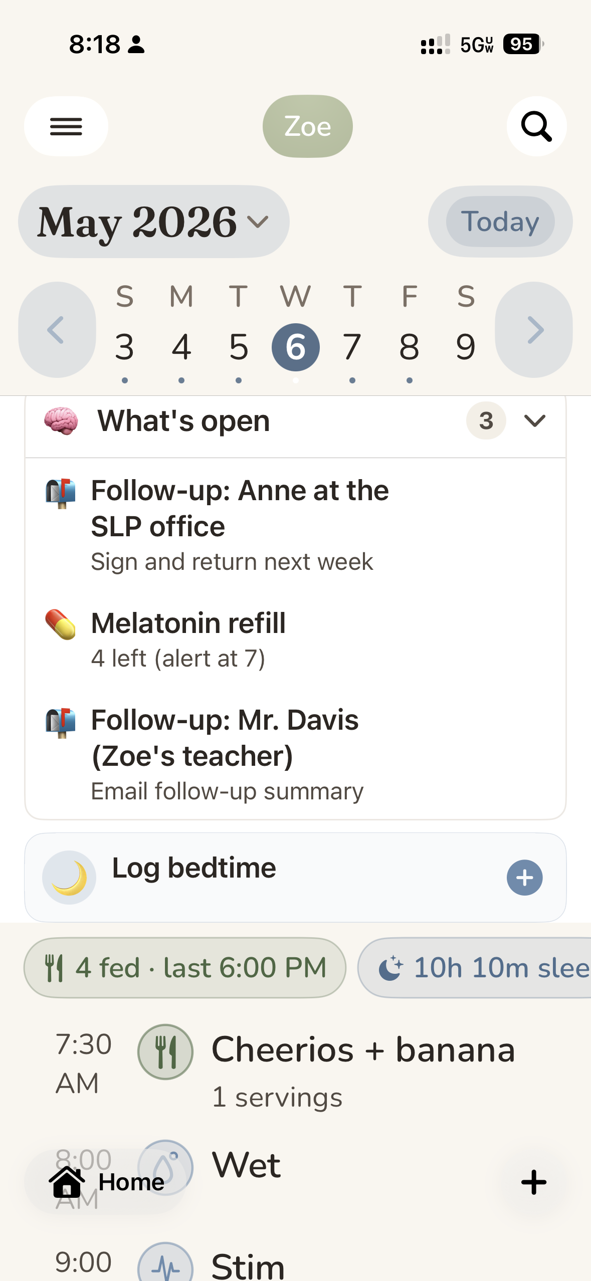 CareHaven Home — a day timeline showing feedings, behaviors, vitals, and notes, with summary pills at the top.