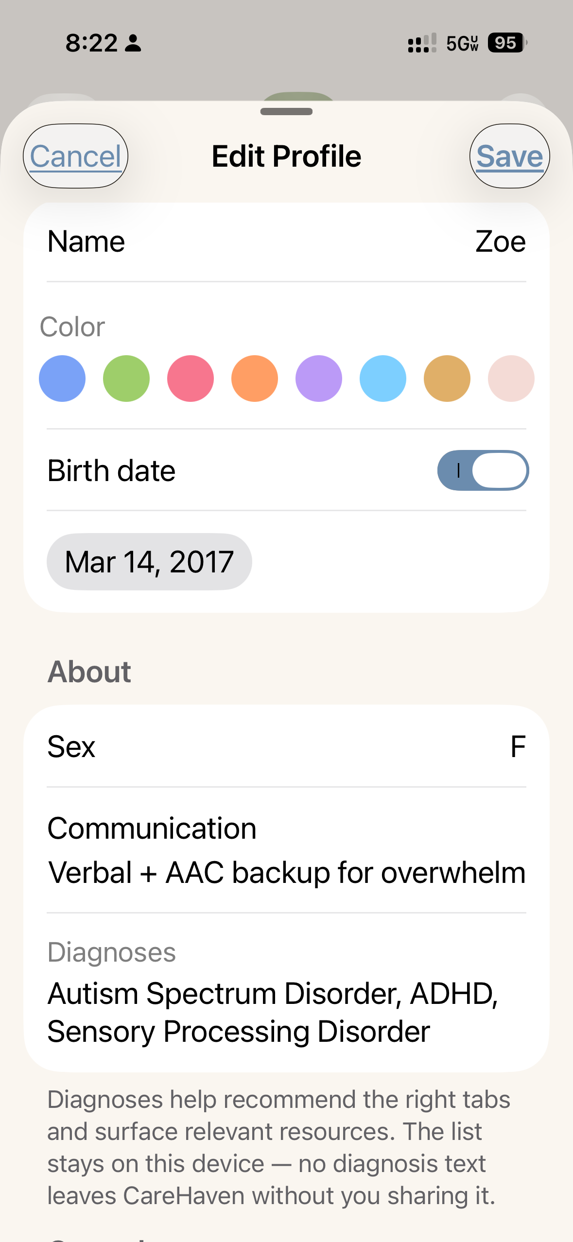 Profile hub — care plan, daily life, health, communication