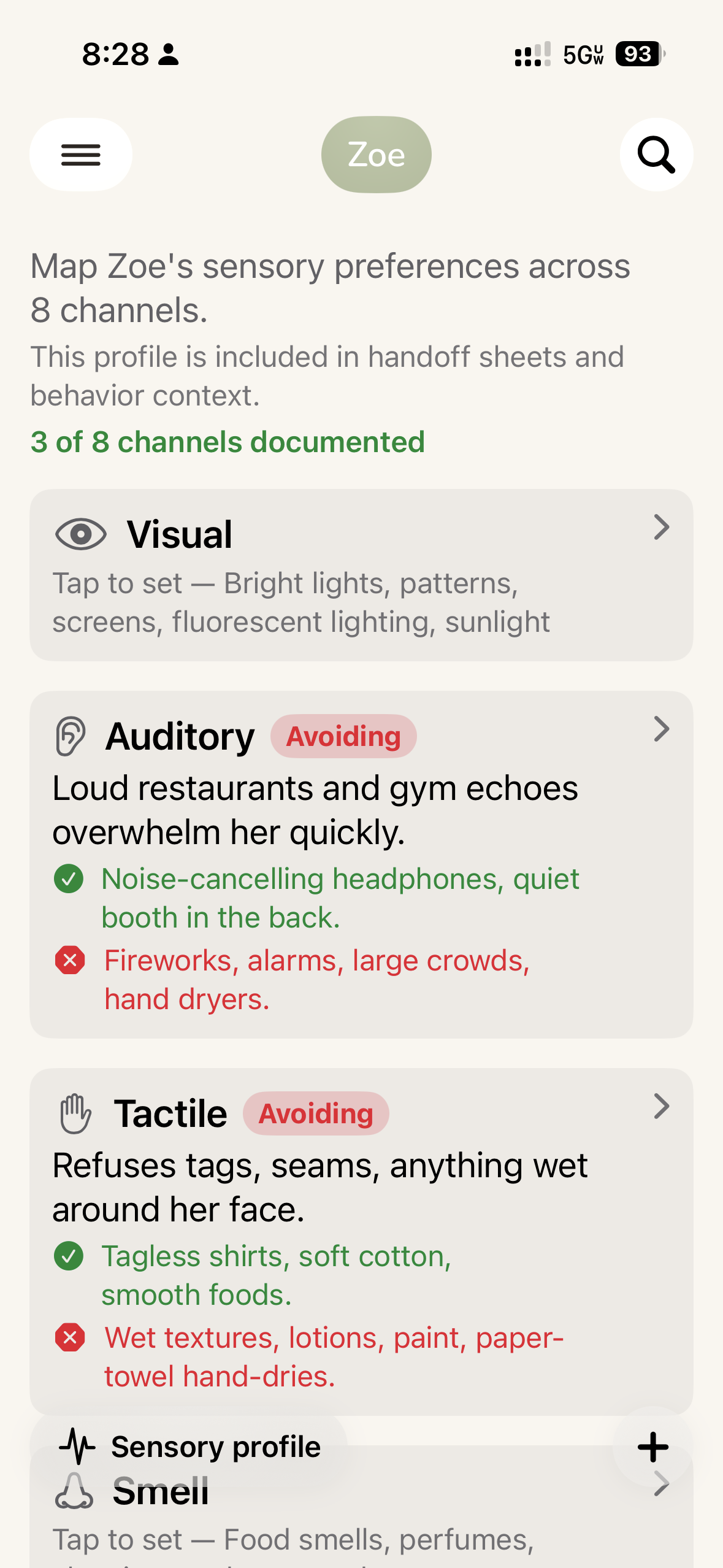 Sensory Profile — 8-channel map