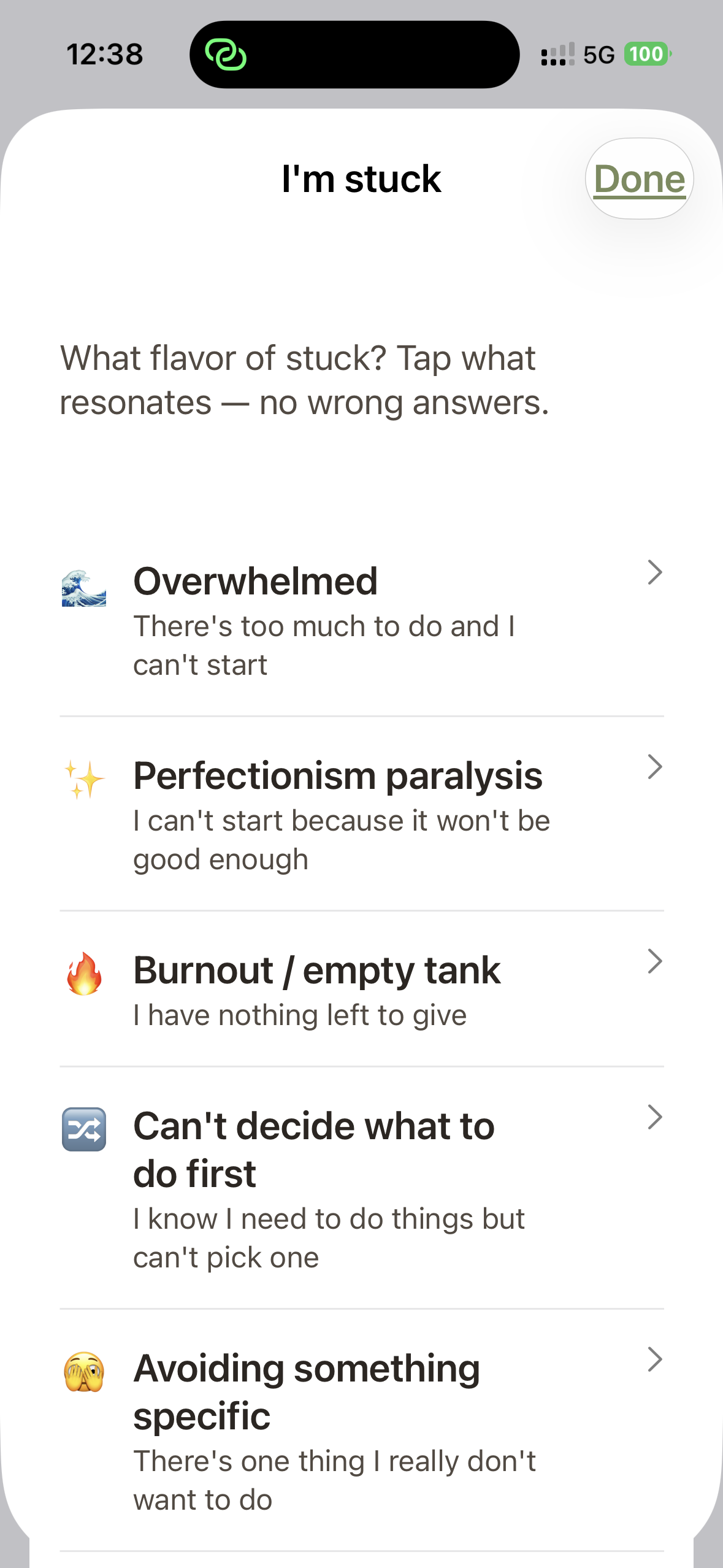 I'm stuck — six flavors of stuck (overwhelmed, perfectionism paralysis, burnout, can't decide, avoiding, what's the point), each with a colored icon and short subtitle